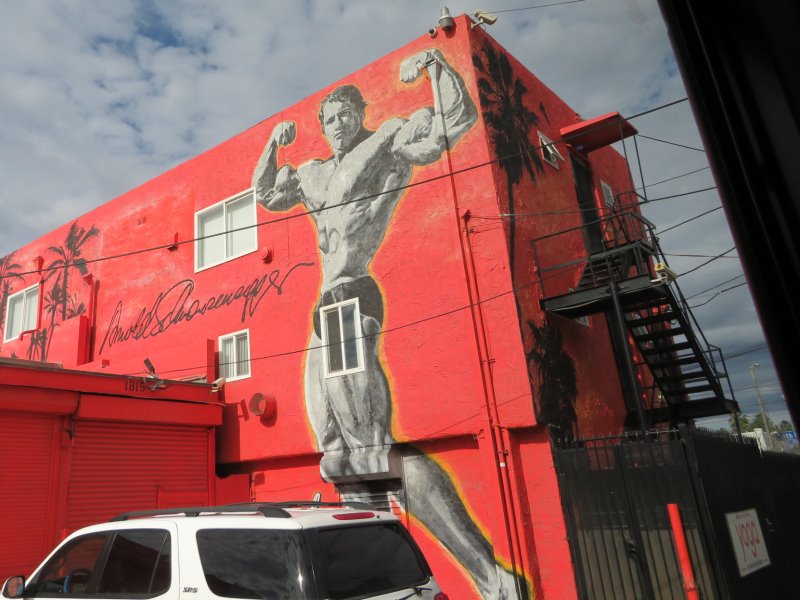 On the other side, Arnie in younger days, Muscle Beach is behind this building